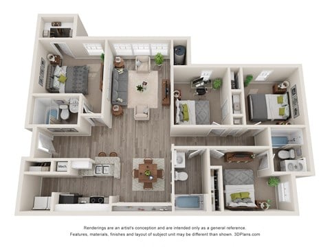 Floor plan for 4 beds, 3 baths, 1336 sqft